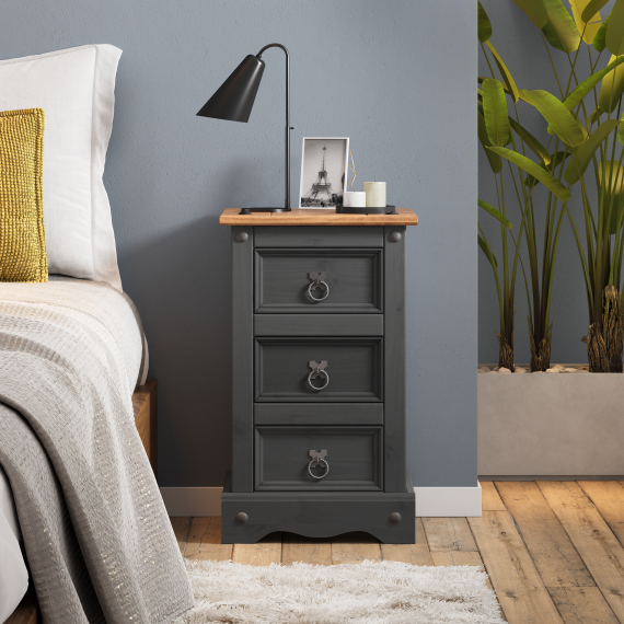 Corona Charcoal Narrow 3 Drawer Bedside